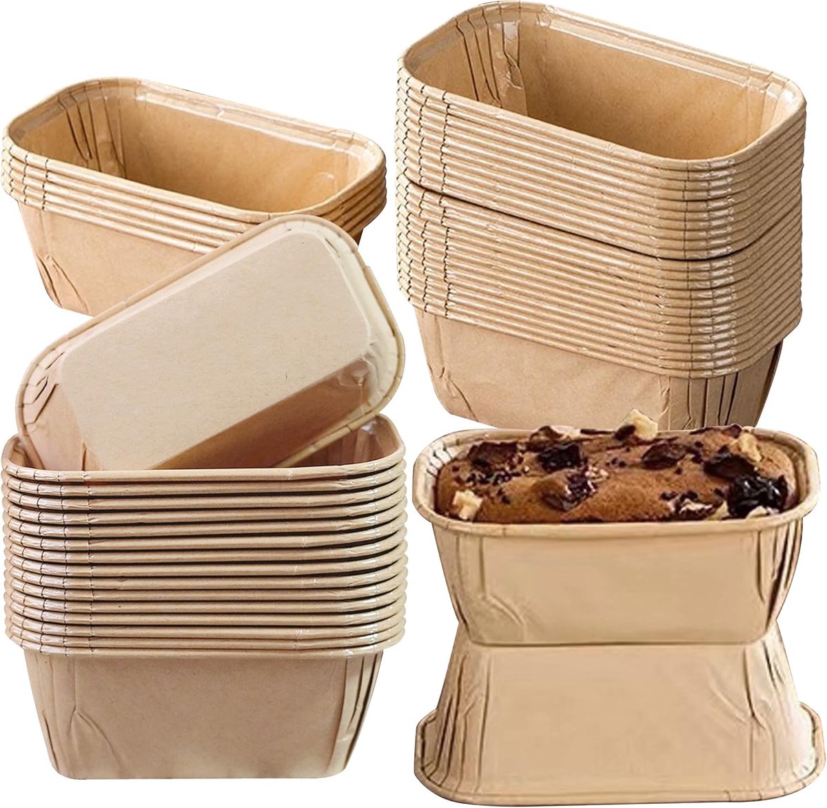 50 stuks mini rechthoekige taartvormen, papieren bakvorm 8 x 4 x 4 cm, kleine bakvormen, bakvorm, broodbakvorm, papieren muffinvormpjes voor muffins brood, bruin
