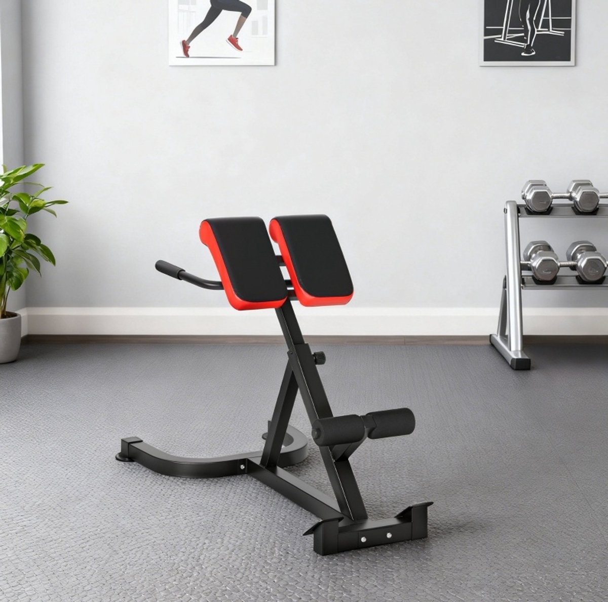 MEUNIQ Rugtrainer Romeinse stoel hyperextension bank verstelbaar met stalen frame, handgrepen en schuimrollen, 62 x 112 x 88 cm, rood en zwart