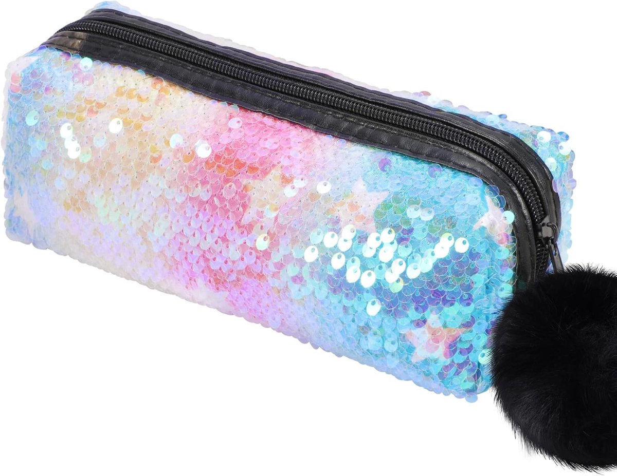 Zeemeermin pailletten etui voor meisjes (omkeerbare kleur), glitter cosmetische make-up handtas portemonnee voor vrouwen met pompom ritssluiting, Regenboog-ster, Glanzend