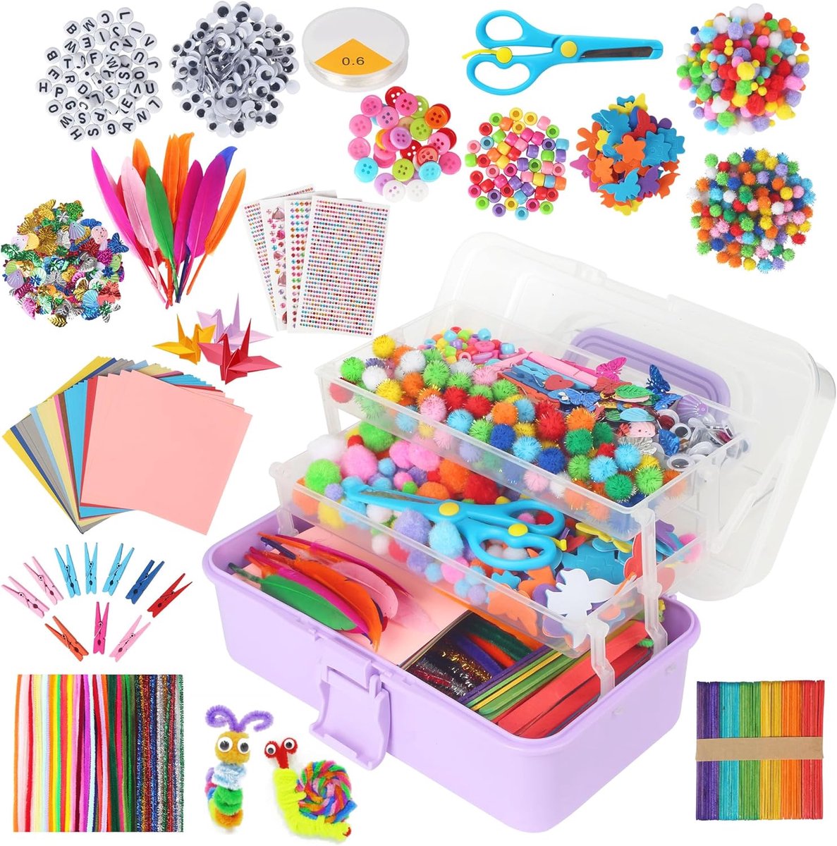3300+ onderdelen voor kinderen, draagbare doos met draden en pompons, doe-het-zelf knutselset voor kinderen vanaf 3 jaar, creatieve activiteitenset, cadeau voor jongens en meisjes