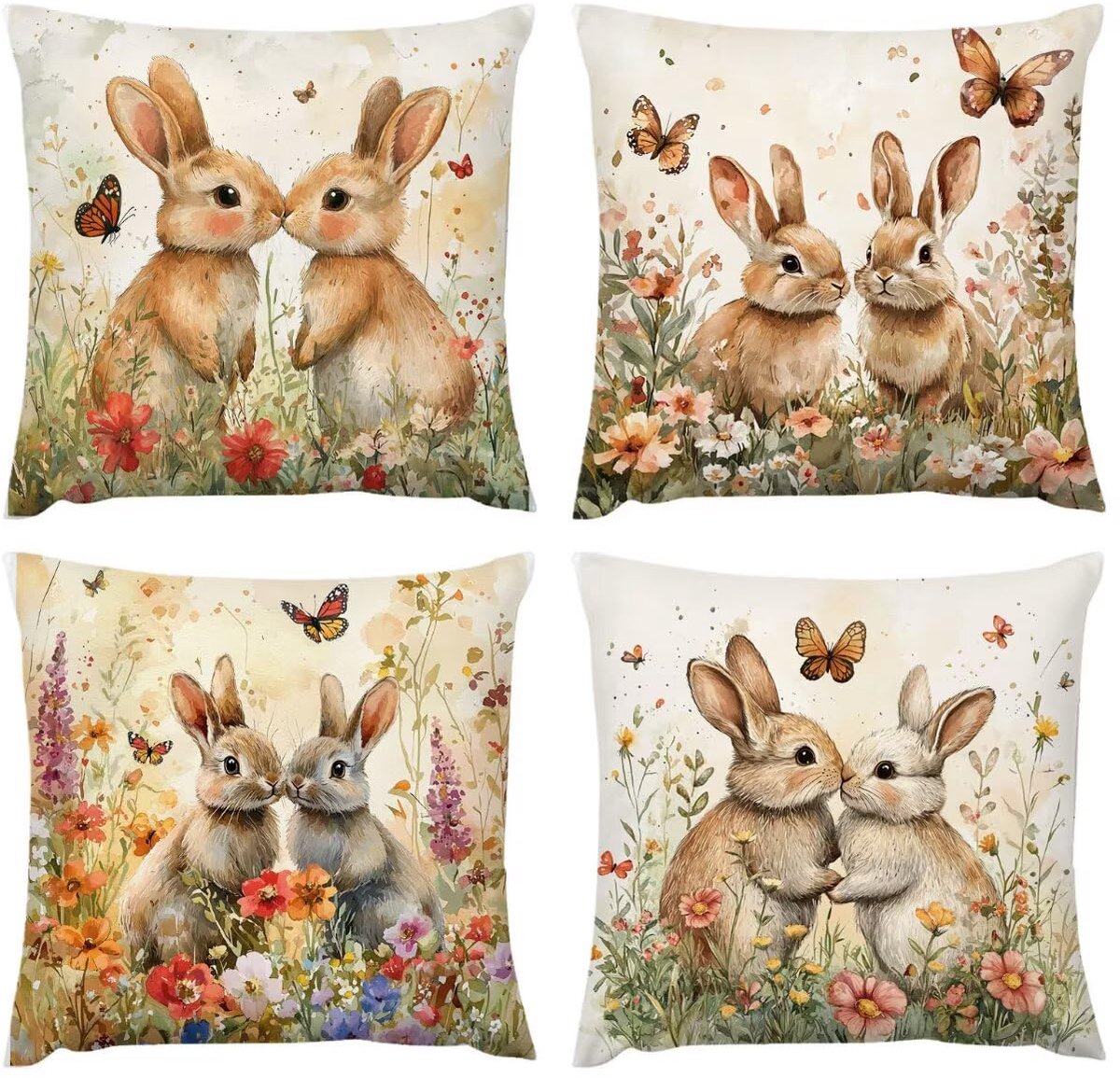 Kussenhoes, 60 x 60 cm, voor buiten, waterdicht, 4 stuks, bloemen, bankkussen, kussensloop, konijn, van toepassing op kussensloop voor tuin, balkon, woonkamer, huis, decoratief, geschenken A