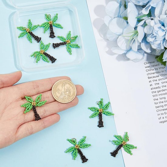 10 glazen bedels in de vorm van een kokosboom, rocaillekralen, tropische hangers, verguld met 18 karaats goud, Hawaïaanse palm, ideaal voor het maken van sieraden (halskettingen, armbanden — afbeelding 2