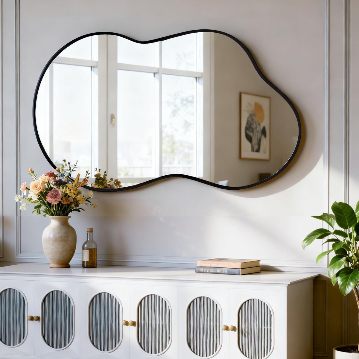 Wandspiegel, asymmetrische spiegel 50 x 90 cm Grote unieke make-upspiegels Badkamer Zwart Wandgemonteerd Modern gevormd kleedspiegel voor woonkamer Entree