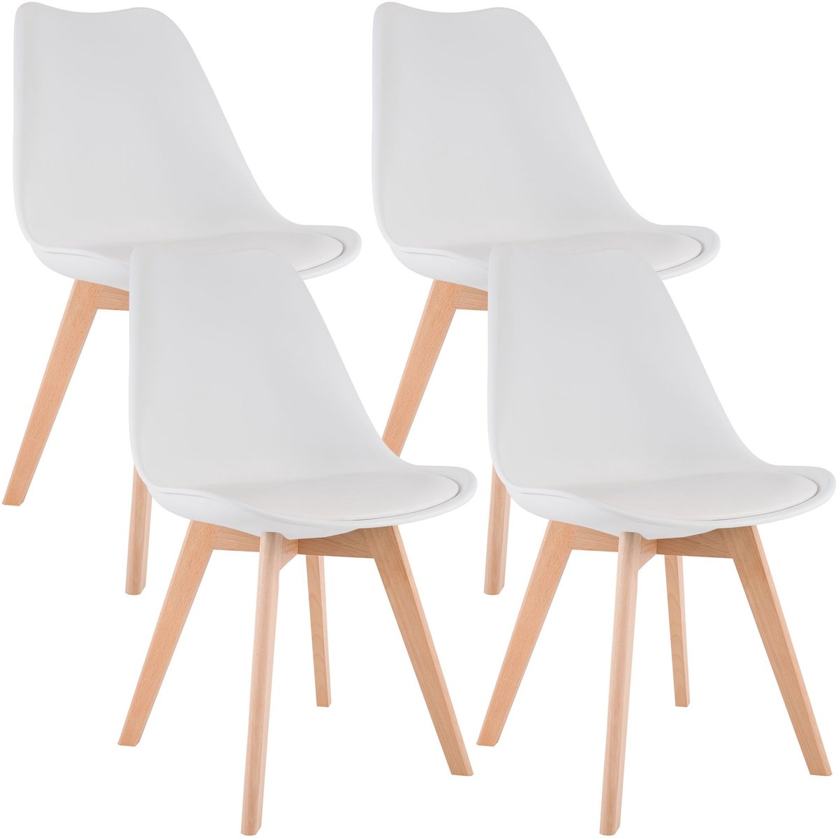 CLP Set van 4 Eetkamerstoelen Linares - met rugleuning - beukenhouten frame - Kunststof/wit