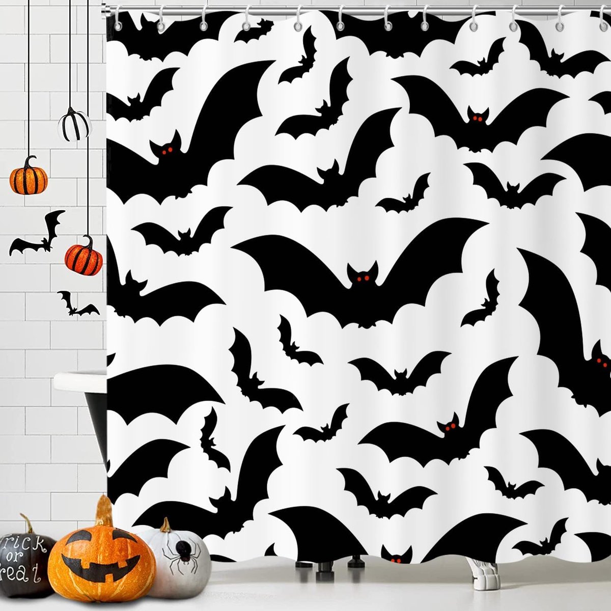 Douchegordijn, 180 x 180 cm, Halloween thema, zwart en wit, vleermuis, waterdichte stof, machinewasbaar, badkamergordijn met haken