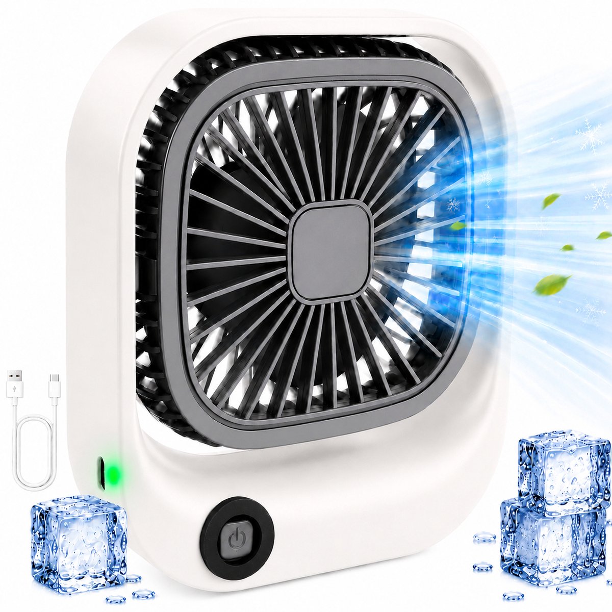 Draagbare Bureauventilator - Lichtgewicht USB-C Ventilator - Handventilator Oplaadbaar - Mini Tafel Ventilator - 3 Standen - Mini Desk Fan - Compacte Kleine Oplaadbare Ventilator - voor Auto, Kantoor & Onderweg - Handwaaier - Wit - Silvergear