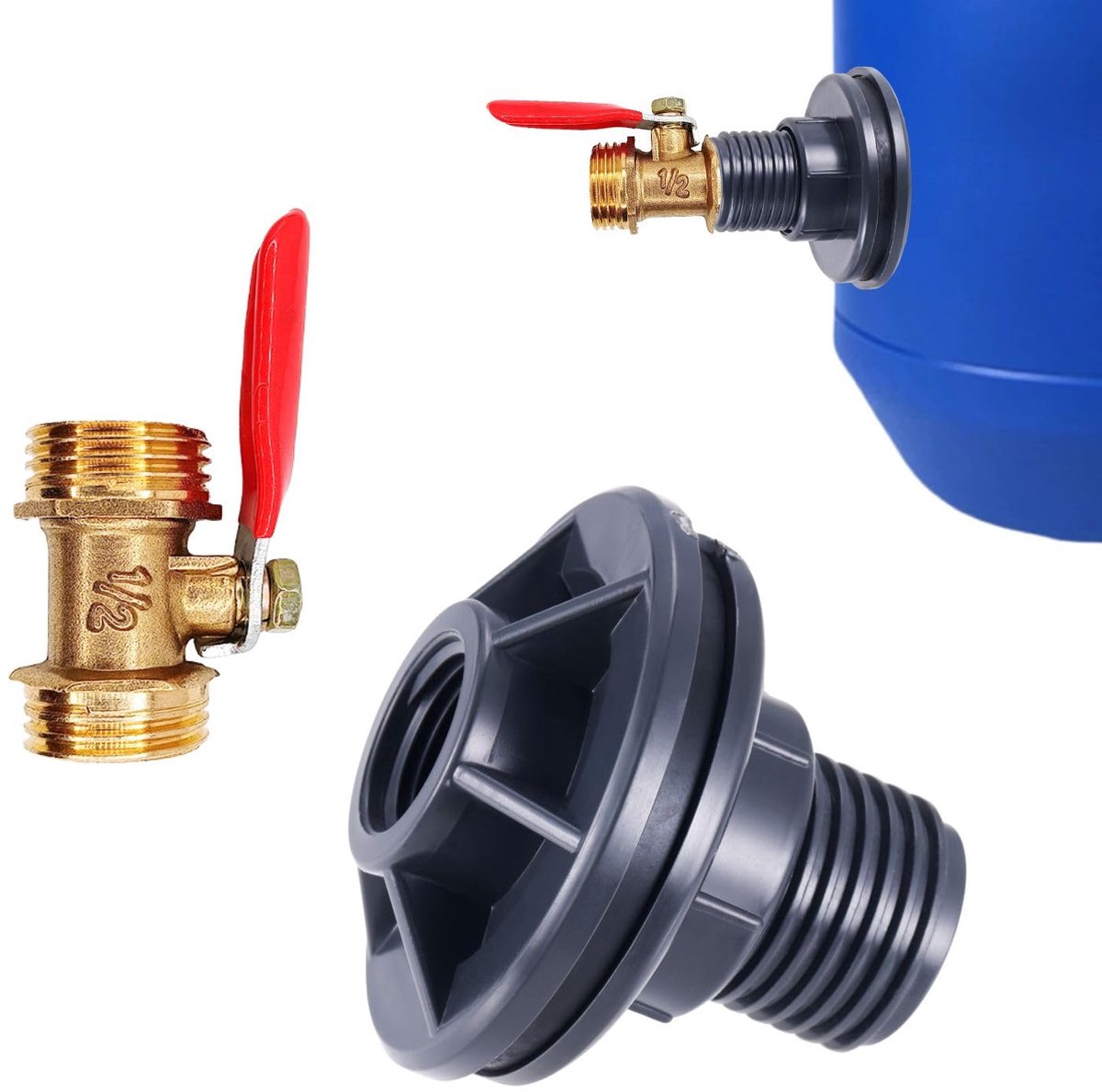Set met 2 regenwateremmer-verbindingsset, met een pvc-afdichtingsadapter, ontwikkeld voor een 1/2 -DN15 buitendraadconnector, perfect voor gebruik met regenvaten, tanks, badkuipen