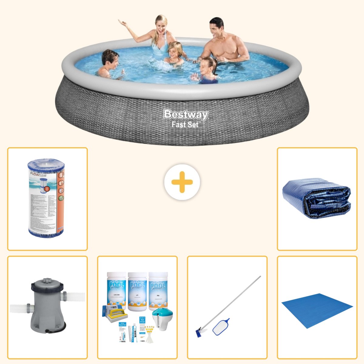 Bestway Rond Opblaasbaar Fast Set Zwembad - Rotanprint - 396 x 84 cm - Inclusief Pomp - Onderhoudspakket - Schoonmaakset - Grondzeil - Filter - Solarzeil - 7-delig