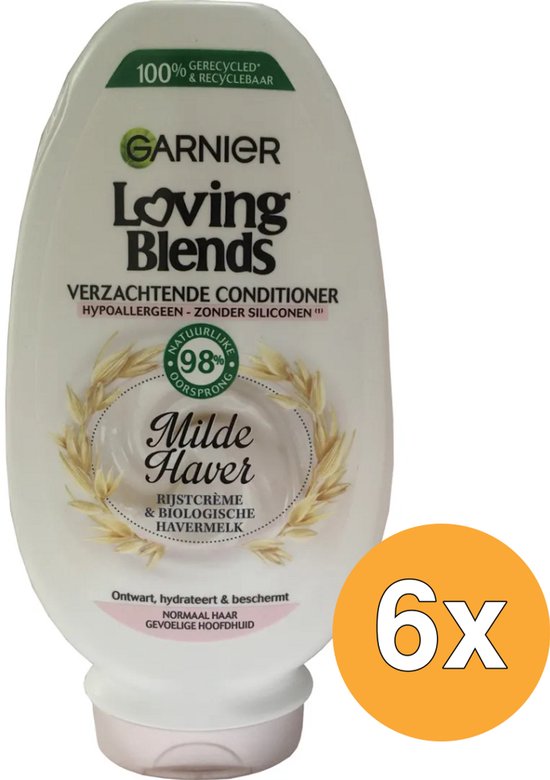 Witte Garnier Loving Blends conditionerfles met havermotief en de tekst "6x". 100% gerecycled & recyclebaar.