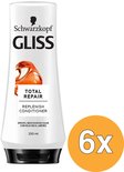 Bouteille blanche de revitalisant Gliss Total Repair Replenish avec un bouchon noir. Texte sur la bouteille : Cheveux secs et abîmés. 250 ml. En bas à droite, un cercle orange avec 6x.