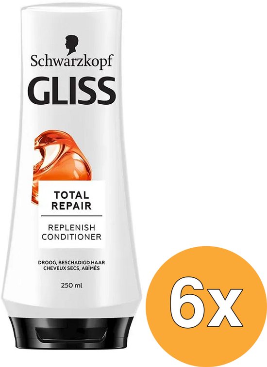 Bouteille blanche de revitalisant Gliss Total Repair Replenish avec un bouchon noir. Texte sur la bouteille : Cheveux secs et abîmés. 250 ml. En bas à droite, un cercle orange avec 6x.
