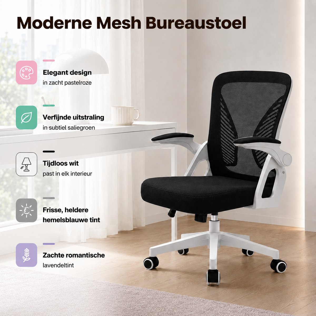 Milacyee Bureaustoel - Ergonomische Bureaustoel – Verstelbare Gaming/Computerstoel met Mesh Rug & Lendensteun – 90° Opklapbare Armleuningen – Directiestoel met Stille Wieltjes – Tot 130 kg Belasting - Wit - Geschikt voor thuiswerk en kantoor – foto 7