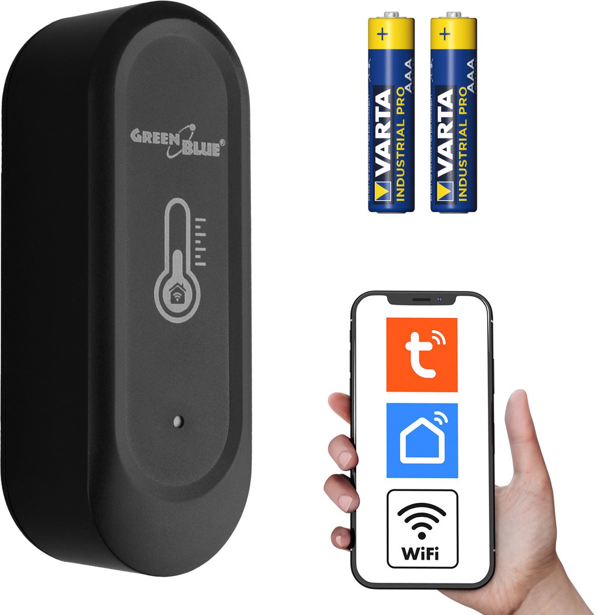 GreenBlue WiFi-buitenvochtigheids- en temperatuursensor - Android/iOS, 3,0 V DC, LR03x2, IP65, GB741 en batterij