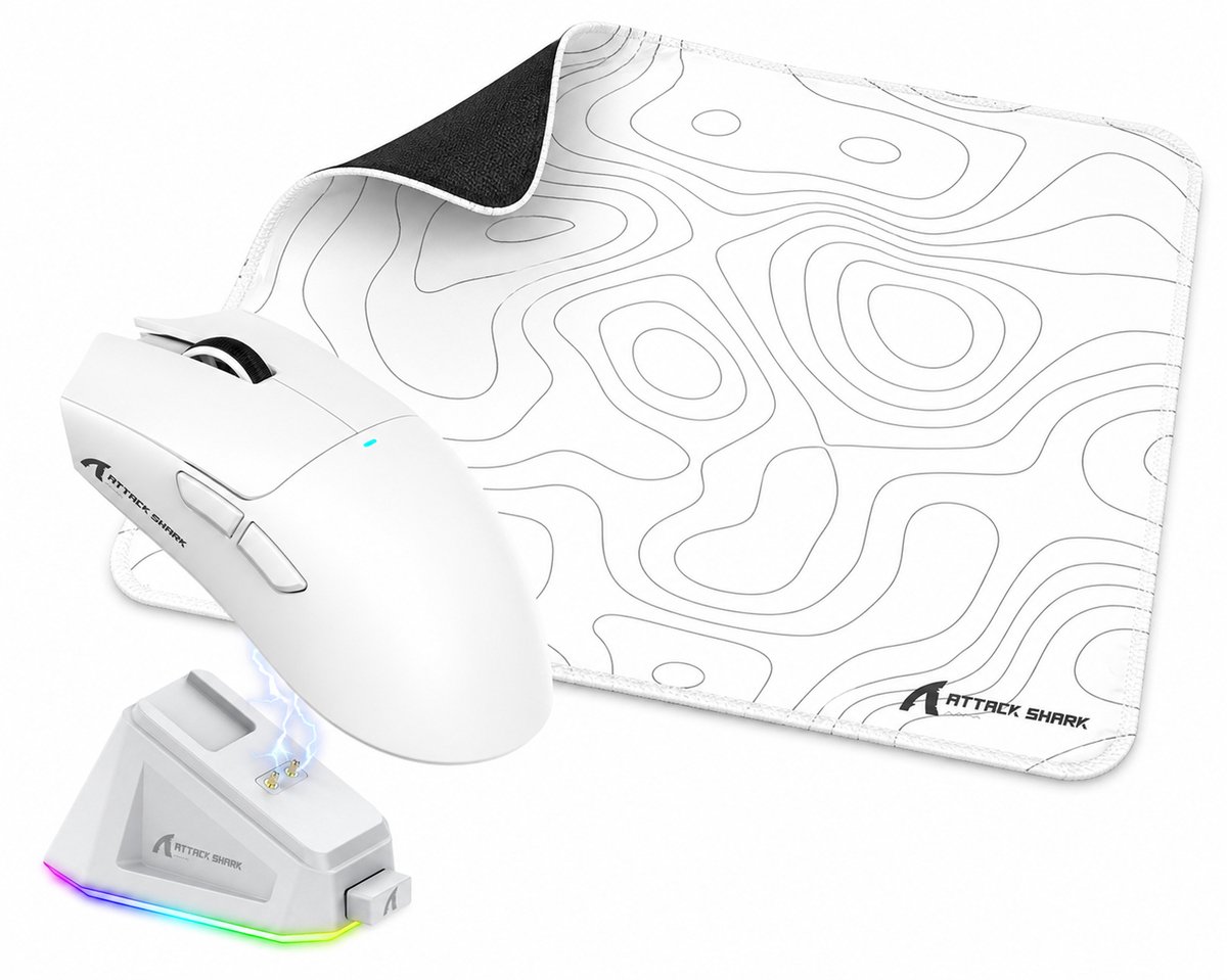 ATTACK SHARK Muis Bundel - Draadloze RGB Gaming Muis + XL Gaming Muismat - 22.000 DPI - PAW3311 Sensor - 450x400 mm - Wit