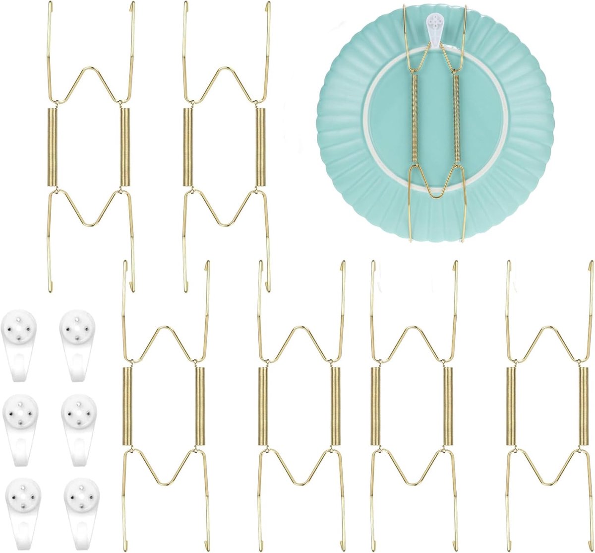 wandplaathangers, 6 stuks bordenstandaard + 6 decoratieve haken, wandplaathangers in W-vorm, ophanghaken, 25,4 cm