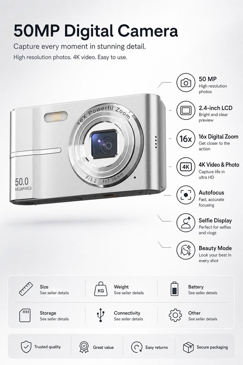 Digitale Camera - 50 Megapixel - 4K Video - 16x Digitale Zoom - 2.4 Inch LCD Scherm - Memory card not included - Compacte Camera voor Vloggen en Fotografie - Autofocus - Wit – foto 4
