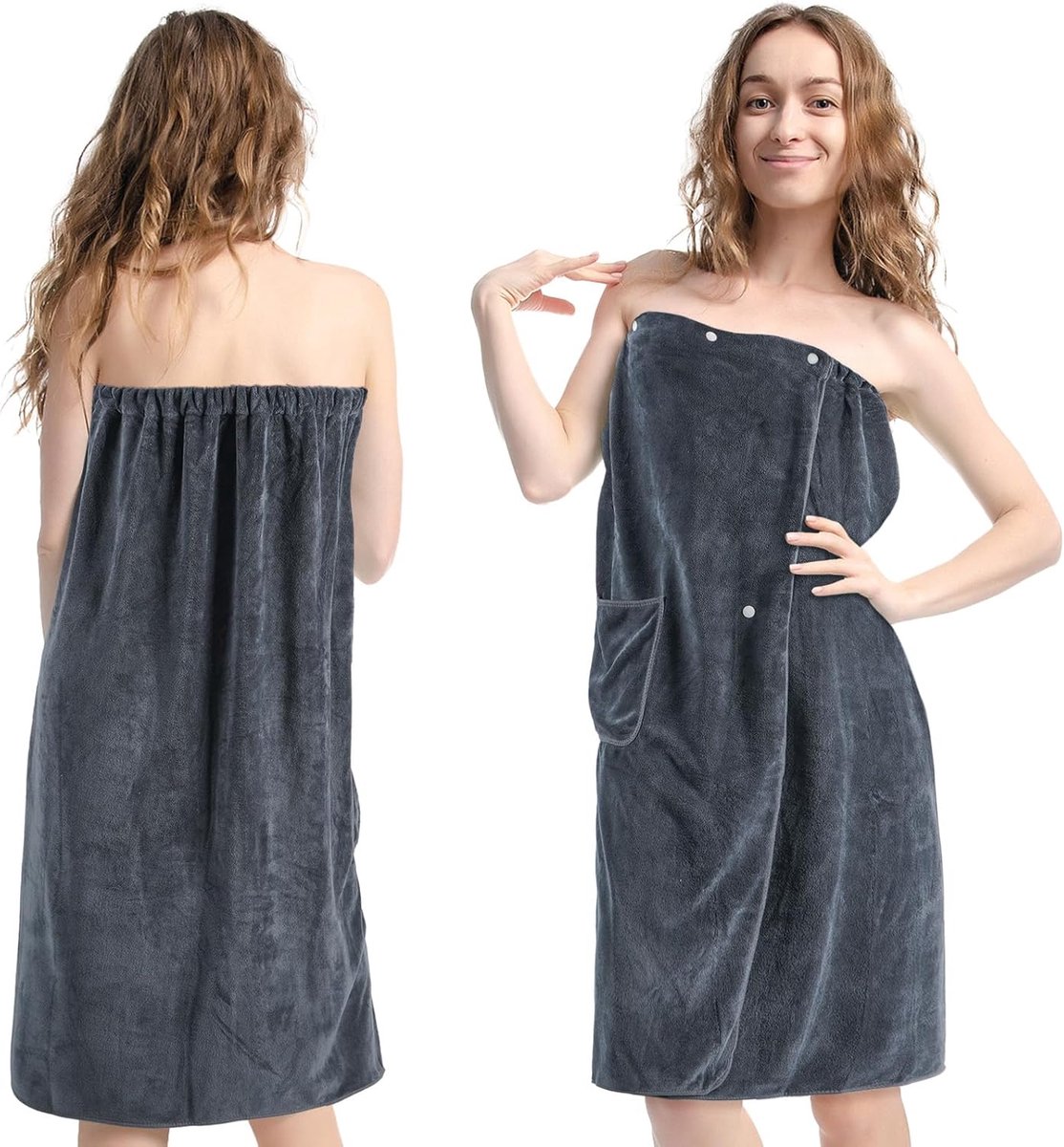 Badhanddoek voor dames, saunakilt voor dames, verstelbaar met drukknopen, microvezel handdoek 400 g/m², met zakken en elastiek, geschikt voor sauna, bad, zwembad, strand, 90 x 145 cm