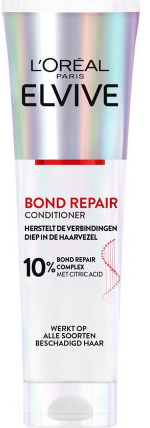 Tube L'Oréal Elvive Bond Repair après-shampoing avec 10% complexe de réparation de liaisons à l'acide citrique, répare en profondeur la fibre capillaire.