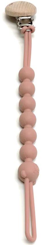 Roze fopspeenkoord met houten clip en siliconen kraaltjes.