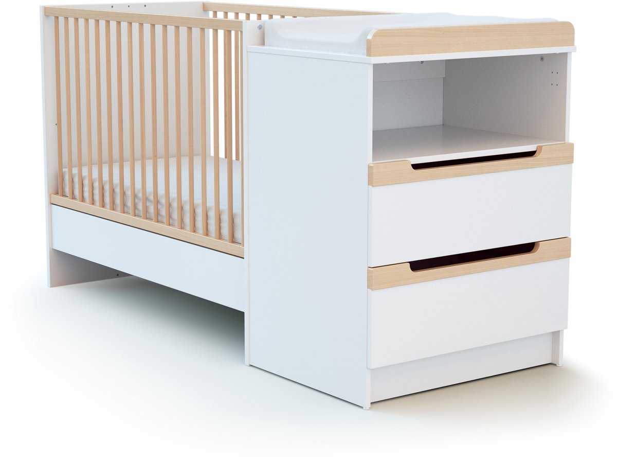 JURABABY - CARROUSEL Omvormbaar Houten Babybedje Combinatie, Wit en Gelakt Beuken, 60 x 120 cm