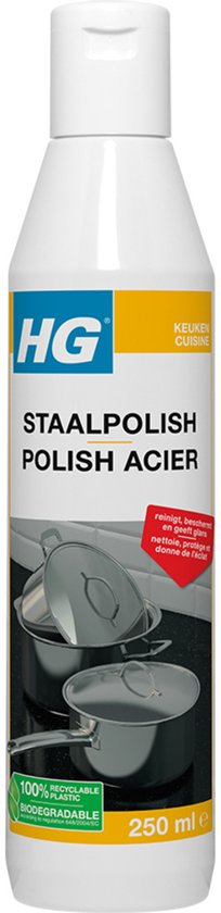 HG Staalpolish fles 250 ml met op de voorgrond pannen. "HG", "KEUKEN" en "100% RECYCLABLE" op de fles.