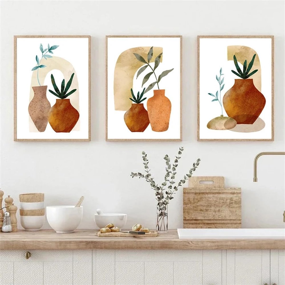 terracotta vaas canvas schilderij botanische bladeren muurkunst set van 3 Boho posters en prints vintage muurfoto's woondecoratie niet ingelijst - 16 x 20 inch x 3 — cadeau in Wonen & Interieur - foto 2