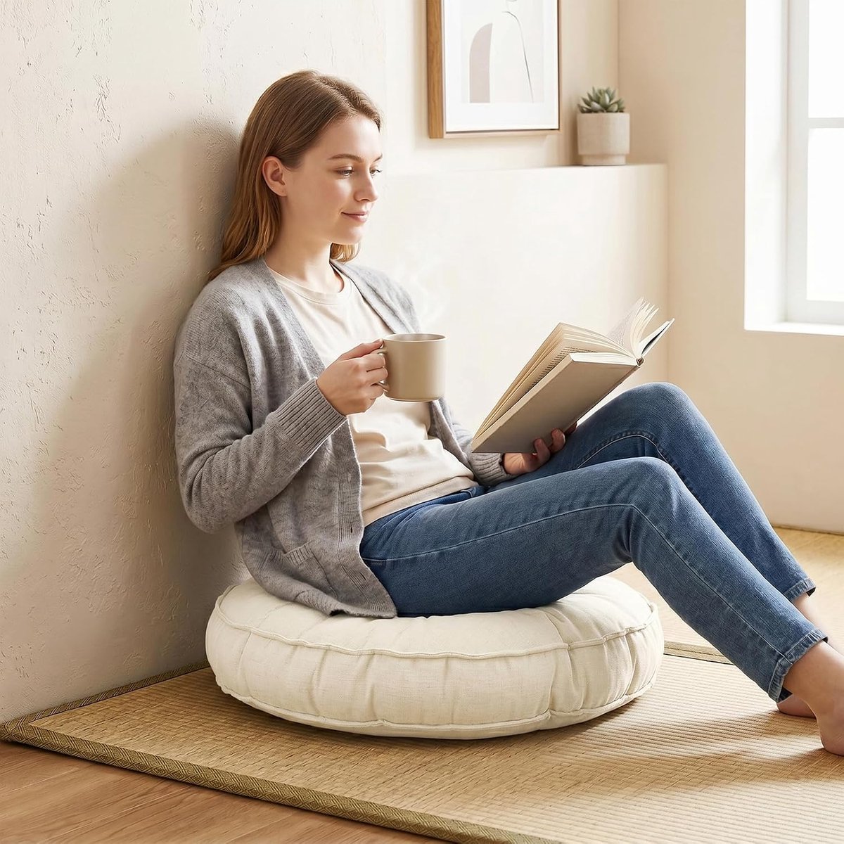 Zitkussen, rond, diameter 45 cm, dikte 10 cm, vloerkussen, rond, yogakussen, meditatiekussen, zitkussen voor woonkamer, kantoor, thuis en buiten, beige