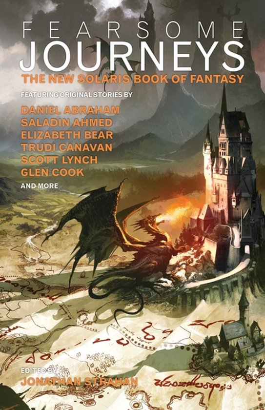 Boekomslag van Fearsome Journeys, The New Solaris Book of Fantasy, met een draak die vuur spuwt naar een kasteel in een bergachtig landschap.