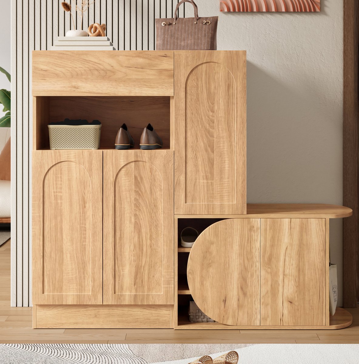 STILVORA Schoenenkast - Met Zitbank, 1 Lade, 5 Deuren En Open Vak - Voor Hal En Entree - MDF - 130x35x110,5 Cm - Naturel