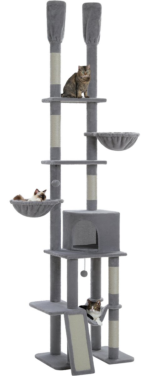 QUESTYR - Krabpaal - 216 – 285 CM - In Hoogte Verstelbaar - 7 Niveau's - 5 Platforms - 3 Hangmatten - Grey - Met Speeltje