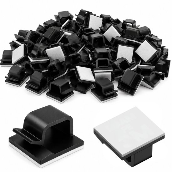 Trois vues noir et blanc de clips de câble: une pile, un clip unique et un clip avec support adhésif.