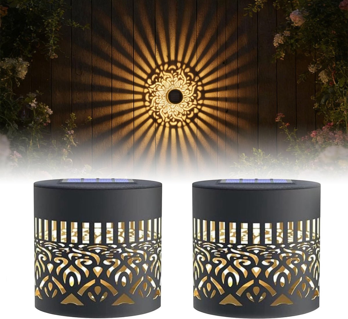 LISM-Set van 2 decoratieve mandala-lampen op zonne-energie, waterdichte metalen buitenverl