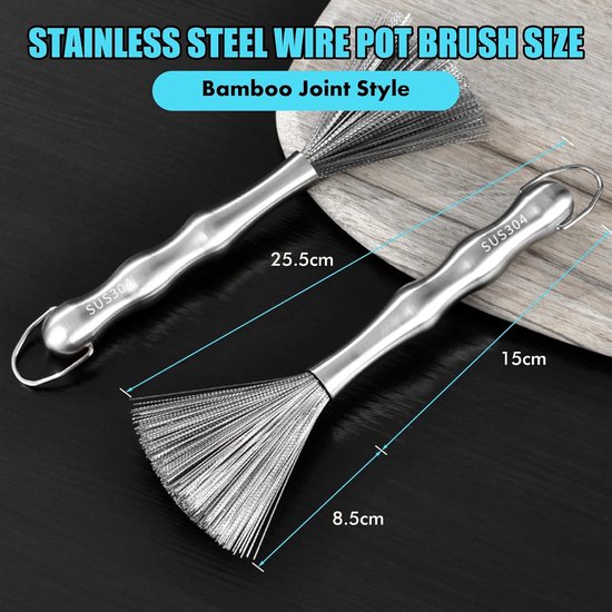 keukenborstel, panschrobberborstel - SUS304 roestvrij staal, ergonomisch bamboehandvat met lange steel, duurzame draadborstel, zware ontvetter voor potten, pannen, kookgerei — afbeelding 2