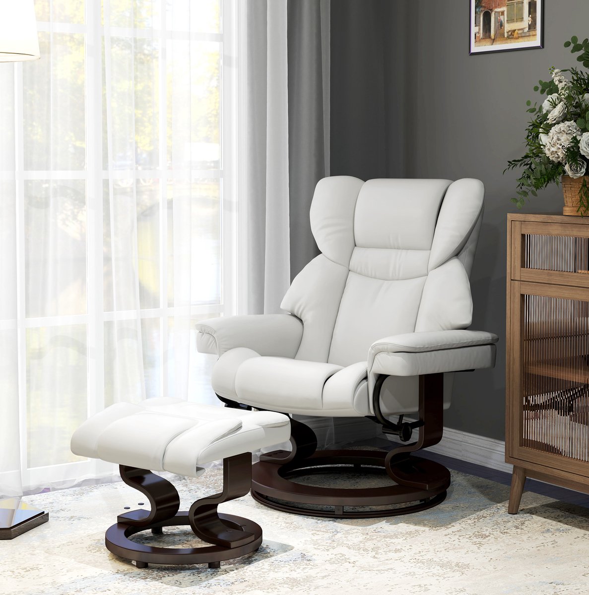 Relaxfauteuil Met Voetenbank - Elektrisch Draaibaar - Met Ligfunctie En Massage - Voor Woonkamer En Ontspanning - Kunstleer - Crèmewit – foto 7