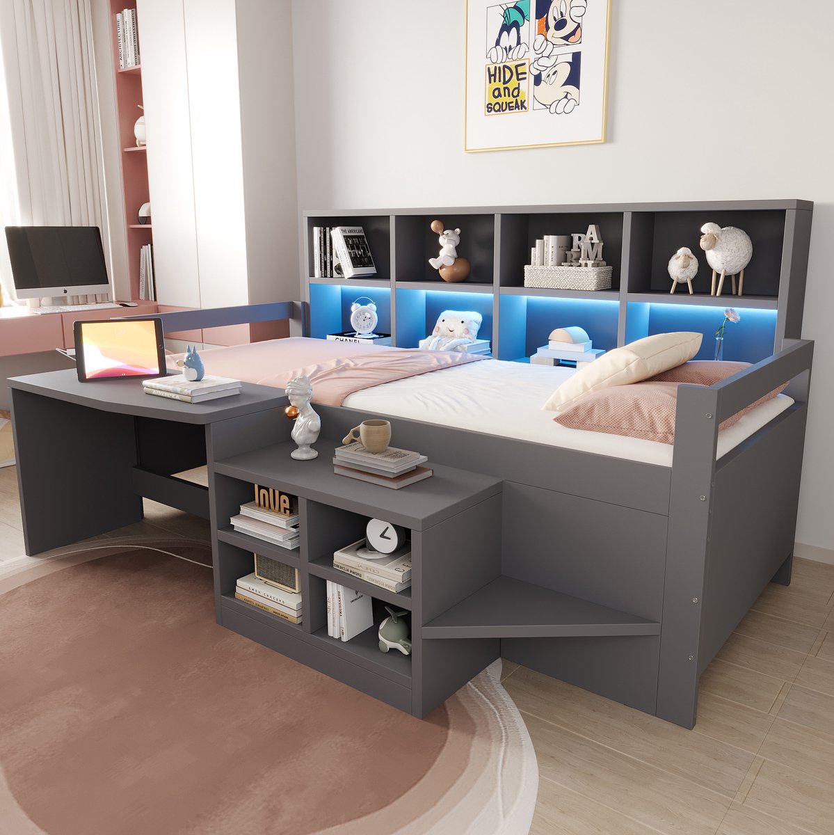 FloraGrace Halfhoogslaper 90x200 cm - Bed Met Bureau En USB Aansluiting - Met Opbergruimte En LED - Kinderkamer - Hout - Grijs - Zonder Matras