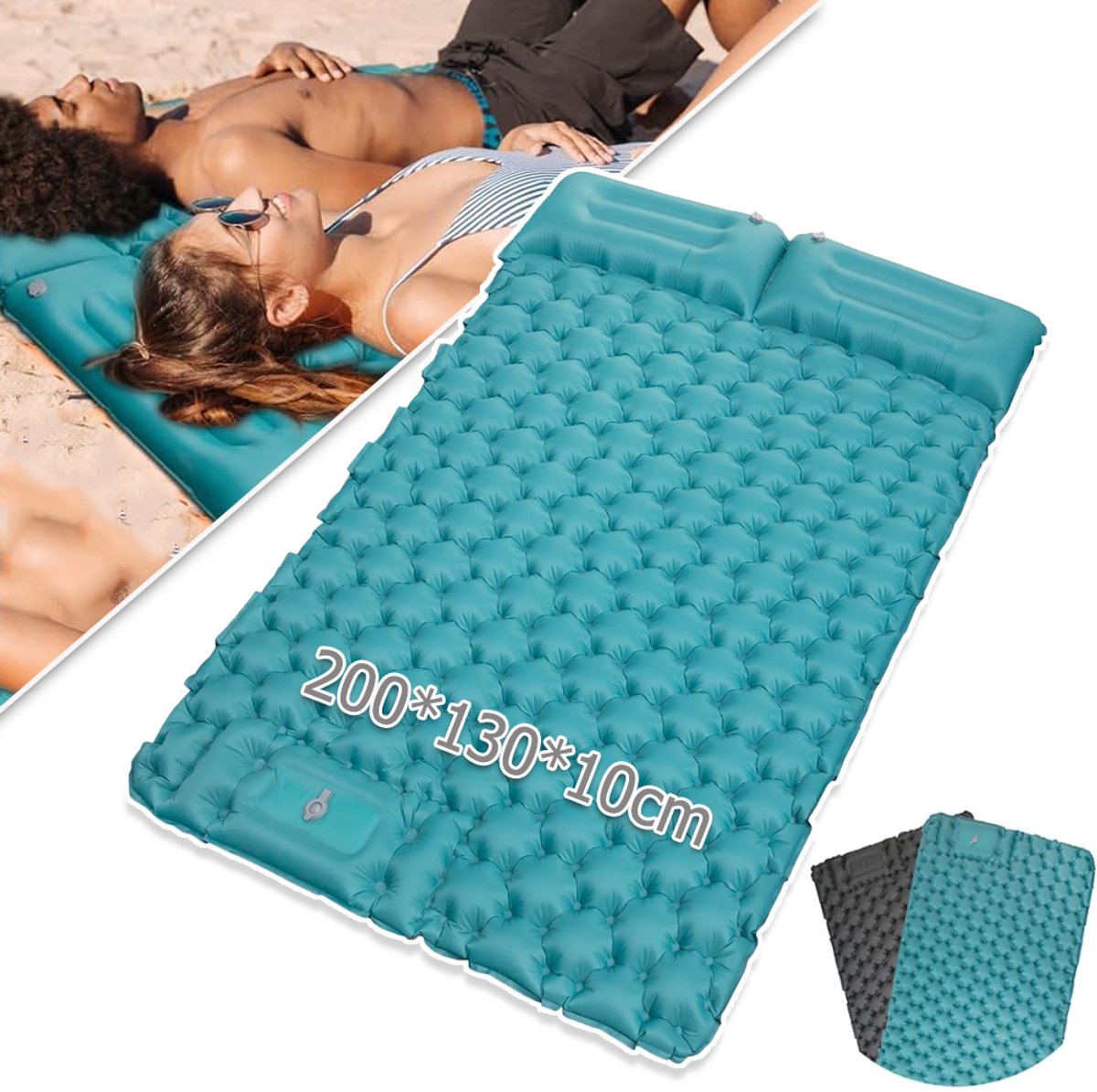 Luchtmatras Met Ingebouwde Voetpomp Waterdicht En Lekbestendig - 200x130x10cm 2 Personen - 40D Nylon En TPU Snel Op Te Blazen in 3 Minuten - Voor Wandelen Backpacken En Kamperen - Grijs & Pauwblauw