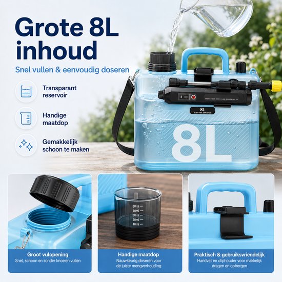 MUPOO Elektrische Drukspuit zuurbestendig 8L-draagbare Plantenspuit Accu- tuinsproeier met 4 Sproeikoppen-onkruidspuit-gifspuit- 3 Standen - Blauw — afbeelding 3