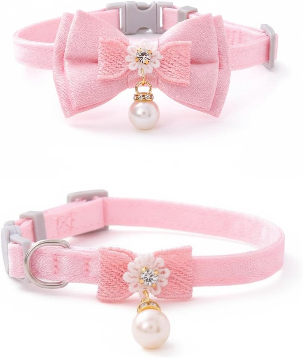 Kattenhalsbanden - Set van 2 roze verstelbare veiligheidshalsbanden met belletjes | Leuke accessoires voor kittens met strikjes, huisdierbenodigdheden