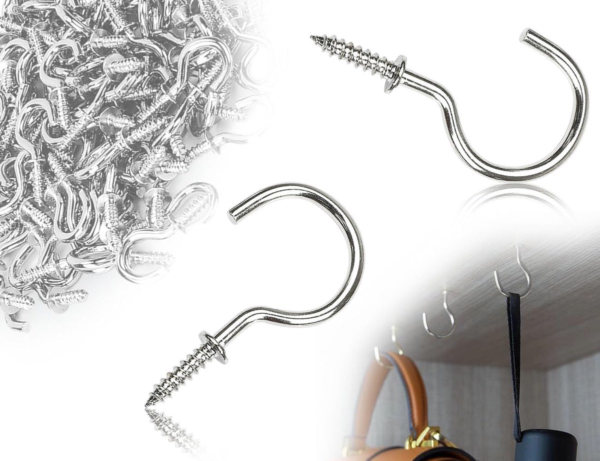 Haken, set van 100 stuks, 1/2 inch, schroefhaken met schroefhaken, kleine schroefhaken, mini plafondhaken, metalen ooghaken, haakhouder (zilver)