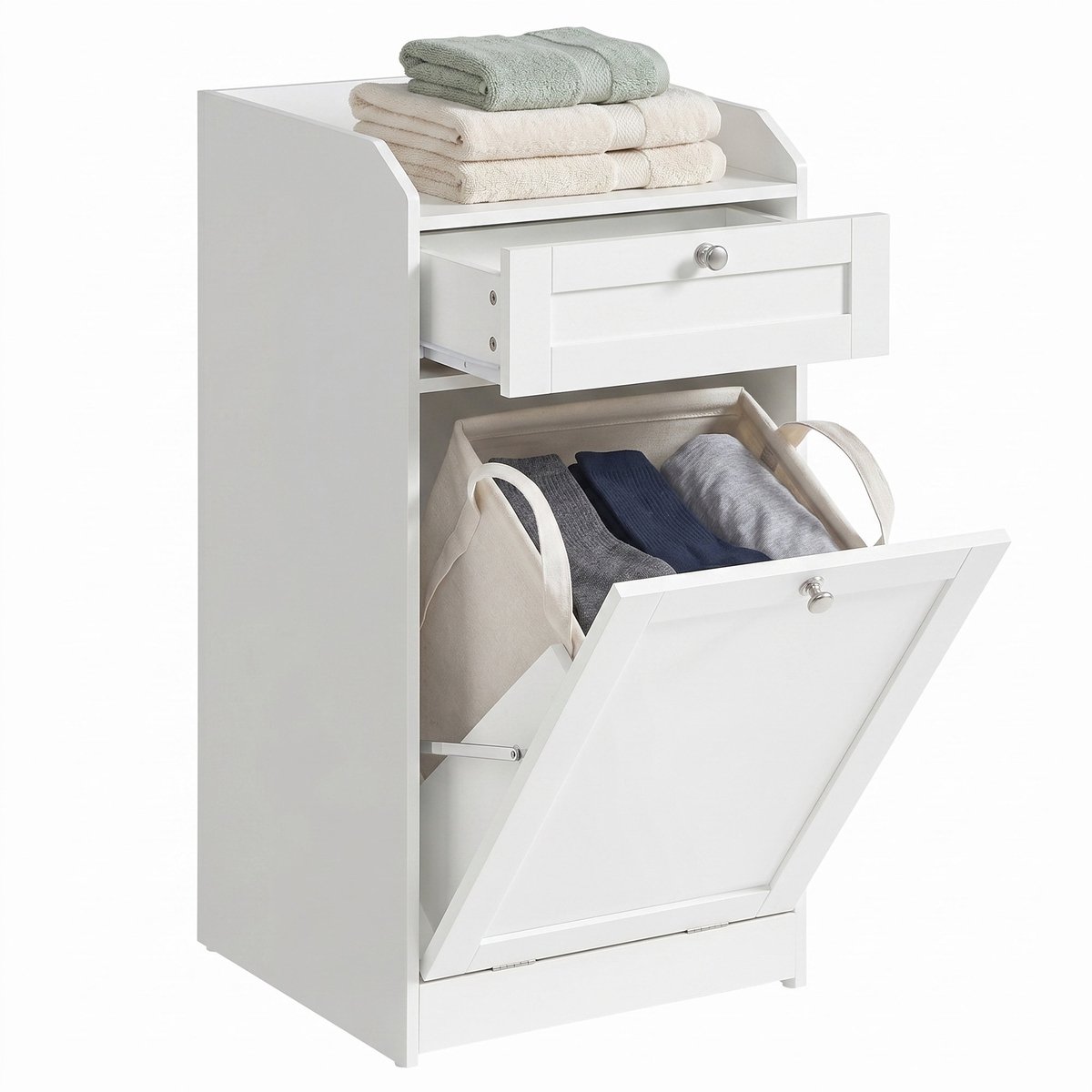 VASAGLE - Badkamerkast - Badkamerkast met Wasmand - 1 Lade - Uitneembare Binnenzak met Handvatten