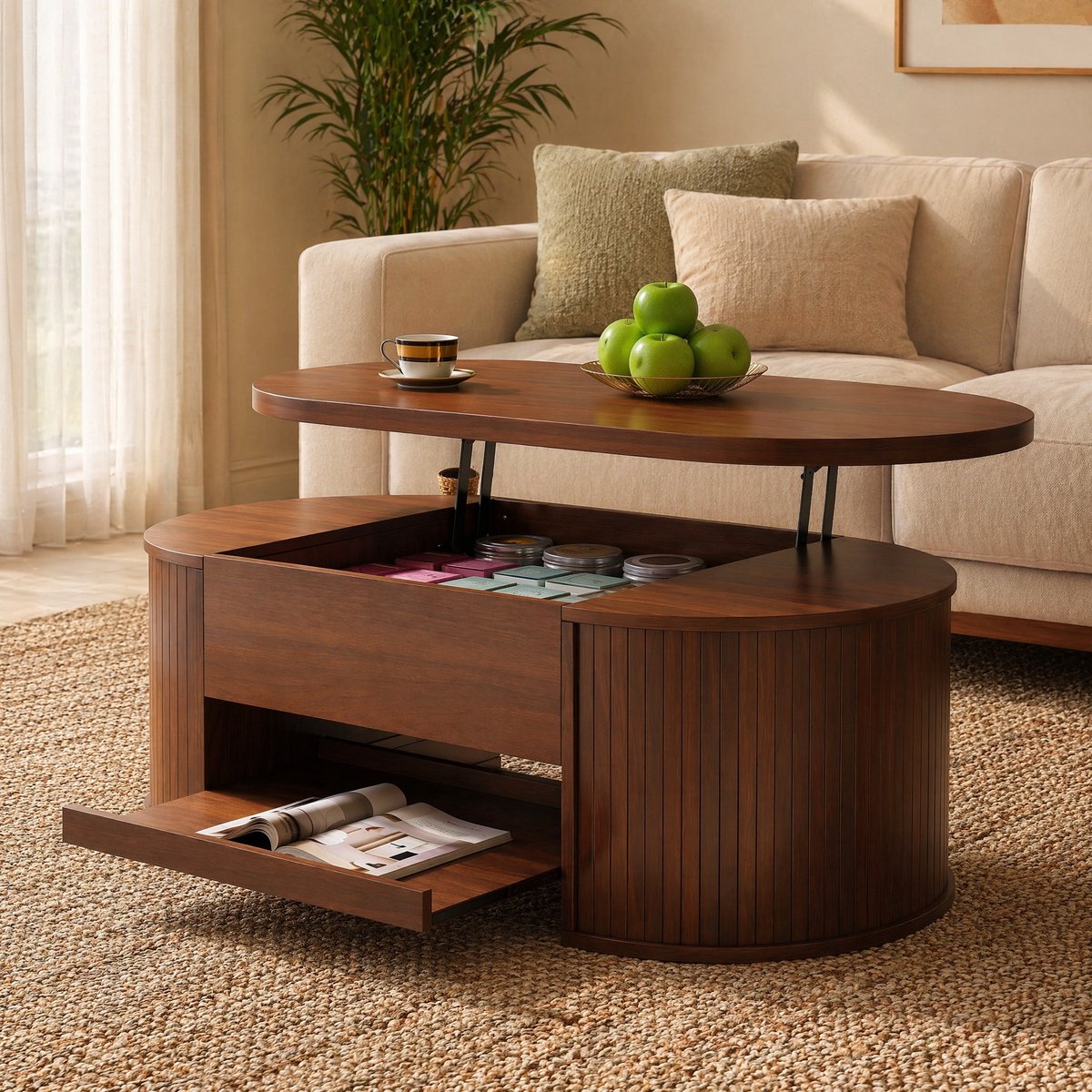 MIVRAY Salontafel - In Hoogte Verstelbaar Met Opklapbaar Blad En Uitschuifbare Plank - Voor Wonen En Werken - 110x55,5x40 cm- MDF - Walnoot Natuurlijke walnoot