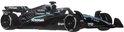 Zwarte Formule 1-auto met turquoise sterpatroon en 'PETRONAS' logo's. Gedetailleerd model.