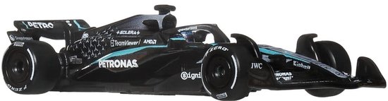 Zwarte Formule 1-auto met turquoise sterpatroon en 'PETRONAS' logo's. Gedetailleerd model.