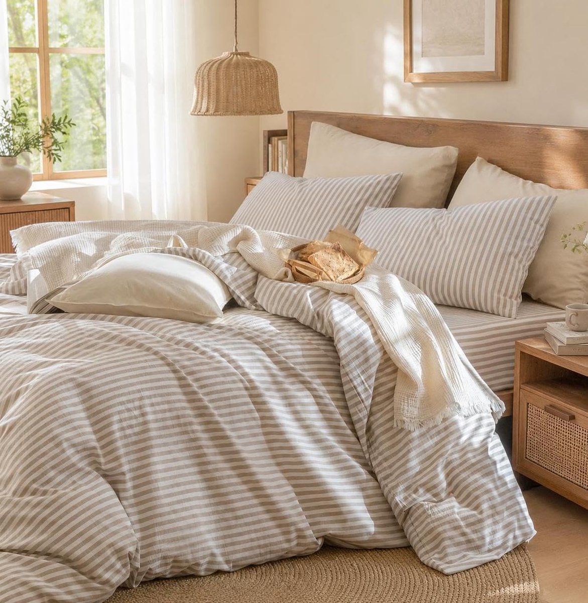 Beddengoed 220x240 katoen gestreept beige wit, 100% renforcé katoenen beddengoedset met ritssluiting, Öko-Tex beddengoed geschikt voor mensen met allergieën, 1 dekbedovertrek en 2