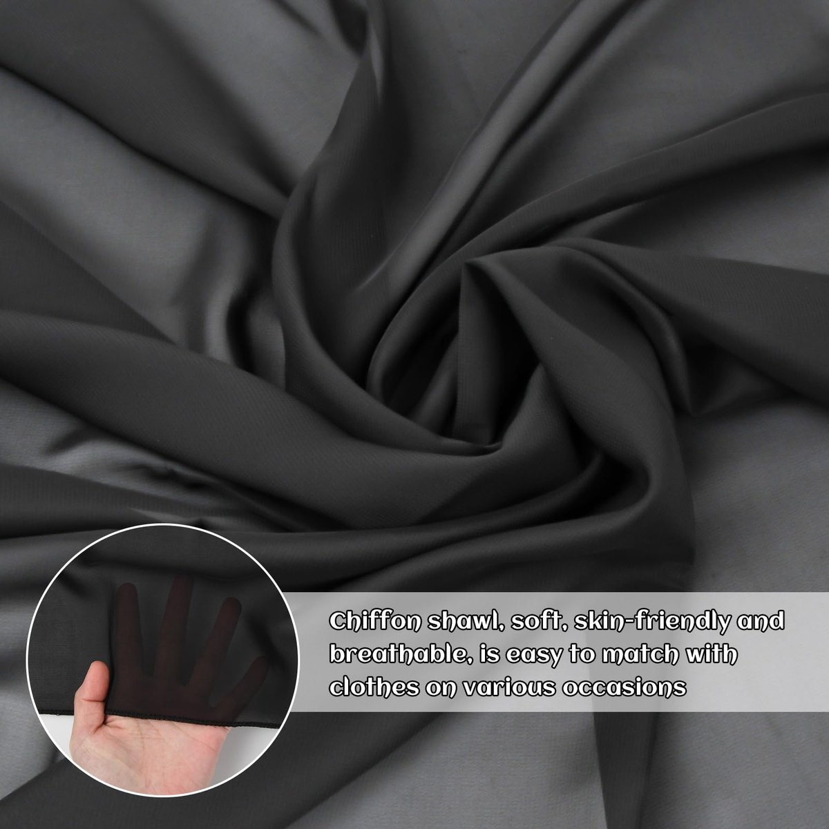 chiffon sjaal voor dames, elegant, glanzend, voor bruiloft, feest, ceremonie, avondevenementen, Zwart, L