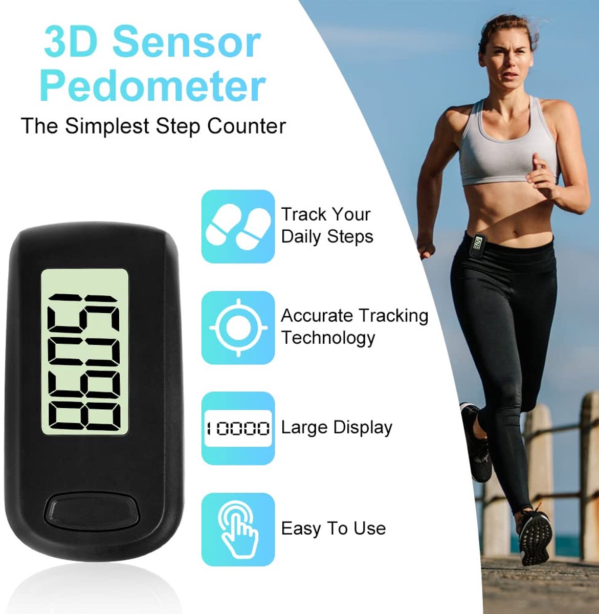 Flintronic 3D-stappenteller om te lopen, stappenteller 3D met clip, draagbare digitale stappenteller, clip-on stappenteller voor vrouwen en mannen, stappenteller met clip