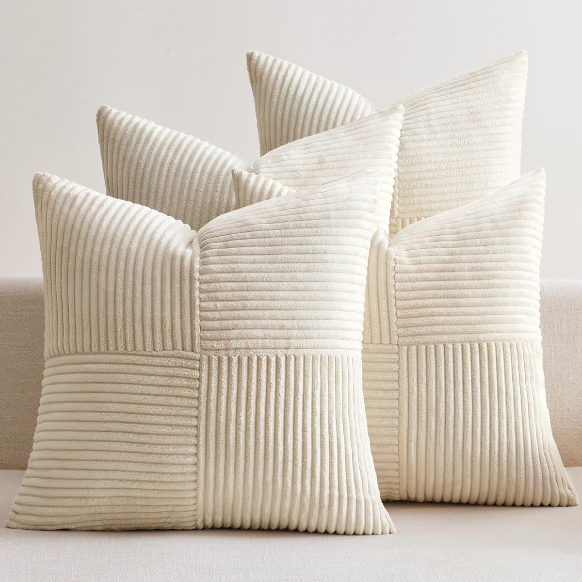Kussensloop ribfluweel, set van 4 stuks, Kerstmis, patchwork, kussensloop, sierkussensloop, bankkussen, corduroy, decoratieve kussens voor bank, stoel, thuis, slaapkamer, 40 x 40 cm, beige