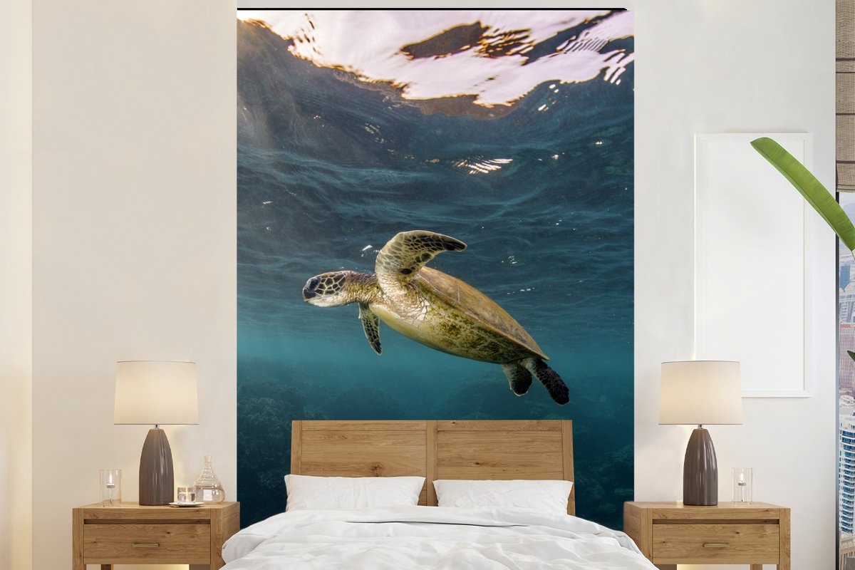 Behang - Fotobehang Schildpad in helder water - Breedte 145 cm x hoogte 220 cm