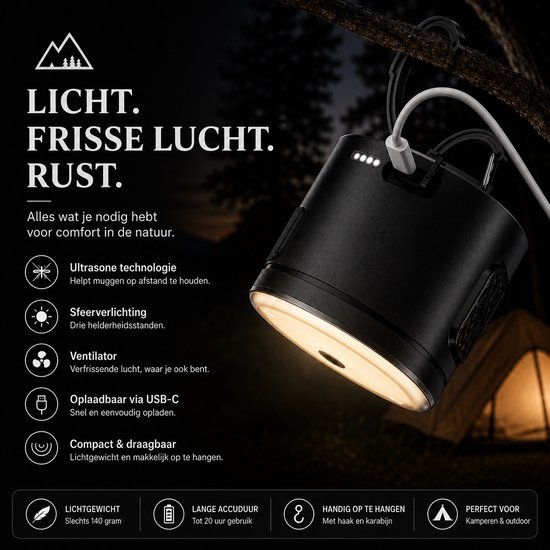 Torngat TentLight Pro LED Campinglamp – USB-C Oplaadbare Tentlamp & Noodlamp met Ventilator, SOS Licht & Powerbank – Ultrasone Outdoor Hanglamp tegen Insecten voor Camping, Tent, Caravan, Auto, Tuin & Stroomuitval – 1200mAh – Zwart — afbeelding 4