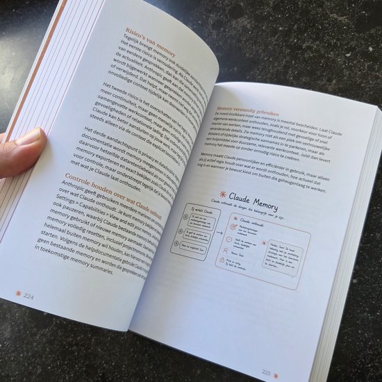 Pages d'un livre avec du texte et des diagrammes. Une main tient une page. Les pages portent les numéros 224 et 225.
